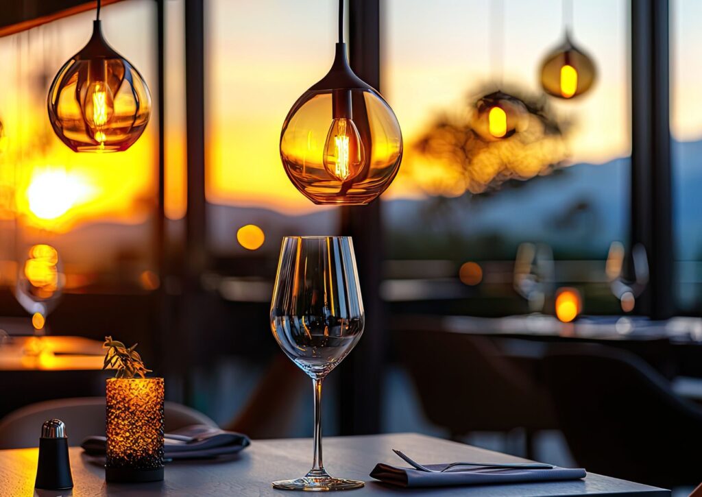 Copa de vino en mesa de terraza al atardecer, imagen para artículo sobre vino para terrazas en Valencia y carta por copas en junio.