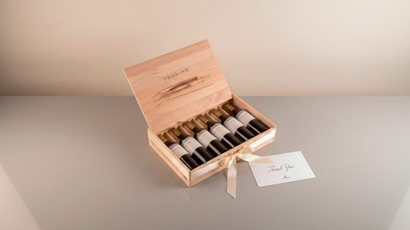 Estuche de vino premium sobre mesa neutra, con tarjeta de agradecimiento. Fondo limpio, luz cálida suave.