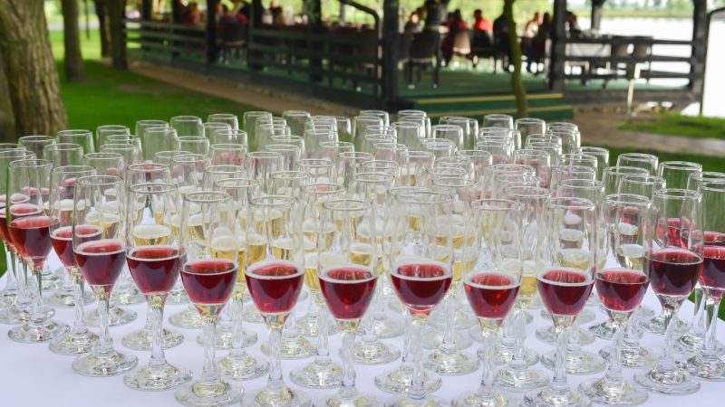 Copas preparadas para brindis en evento al aire libre, imagen para artículo sobre proveedor de vinos para eventos en Valencia.