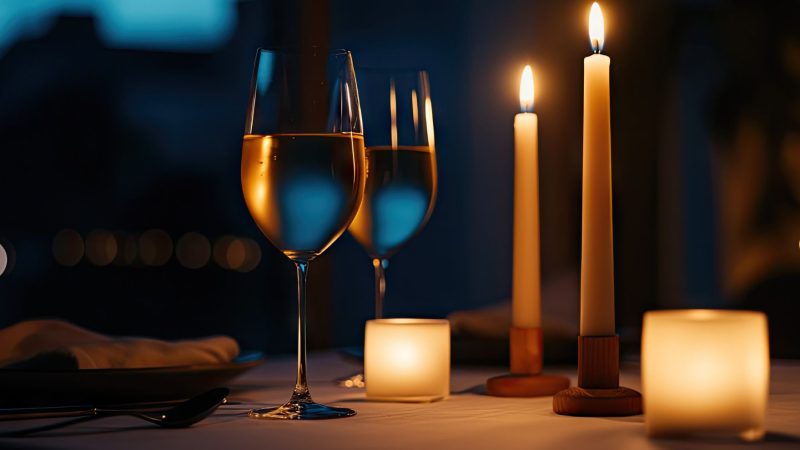 Mesa de restaurante con dos copas de vino blanco y velas encendidas, imagen para artículo sobre vinos para San Valentín en restaurantes de Valencia.